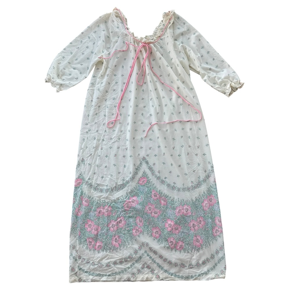 70s Montgomery Ward Vintage Floral Maxi Nightgown Prairie Pink Bow L 18/20 White